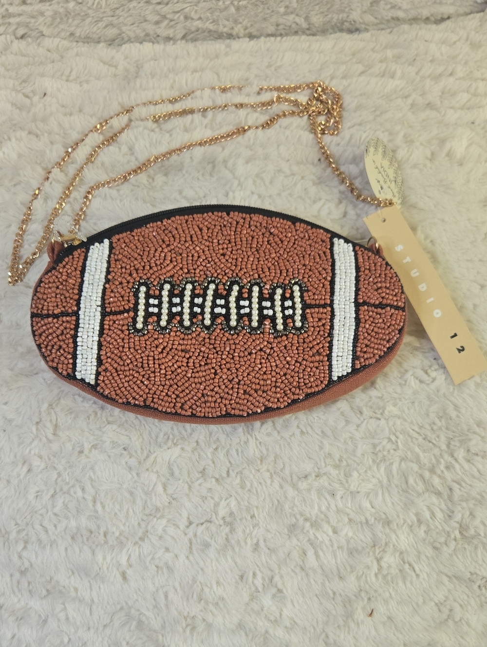 Studio Beaded Football Crossbody Bag - Brown with White & Black Accents